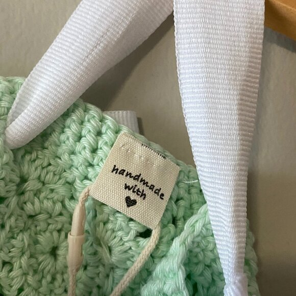 Handmade Baby Size 3 Months Green White Cotton Crochet Linen Bow Dress - Picture 3 of 14